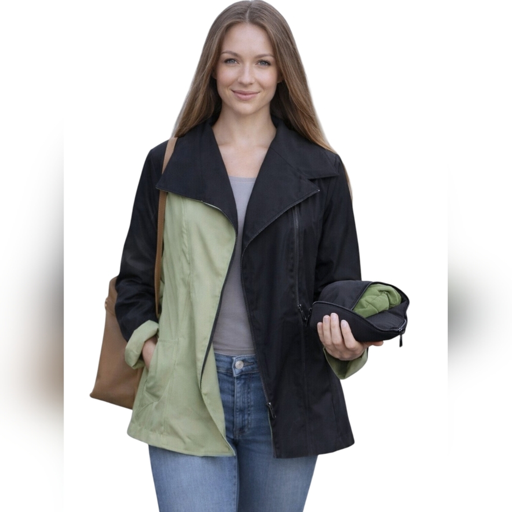 Janska Reversible Rain Jacket Windbreaker Black Green Packable Sz M